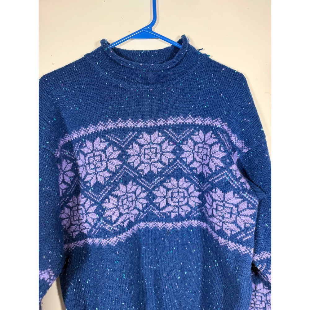 Windborne Vintage 100% Wool Fair Isle Snowflake Sweater Blue Purple Womens L